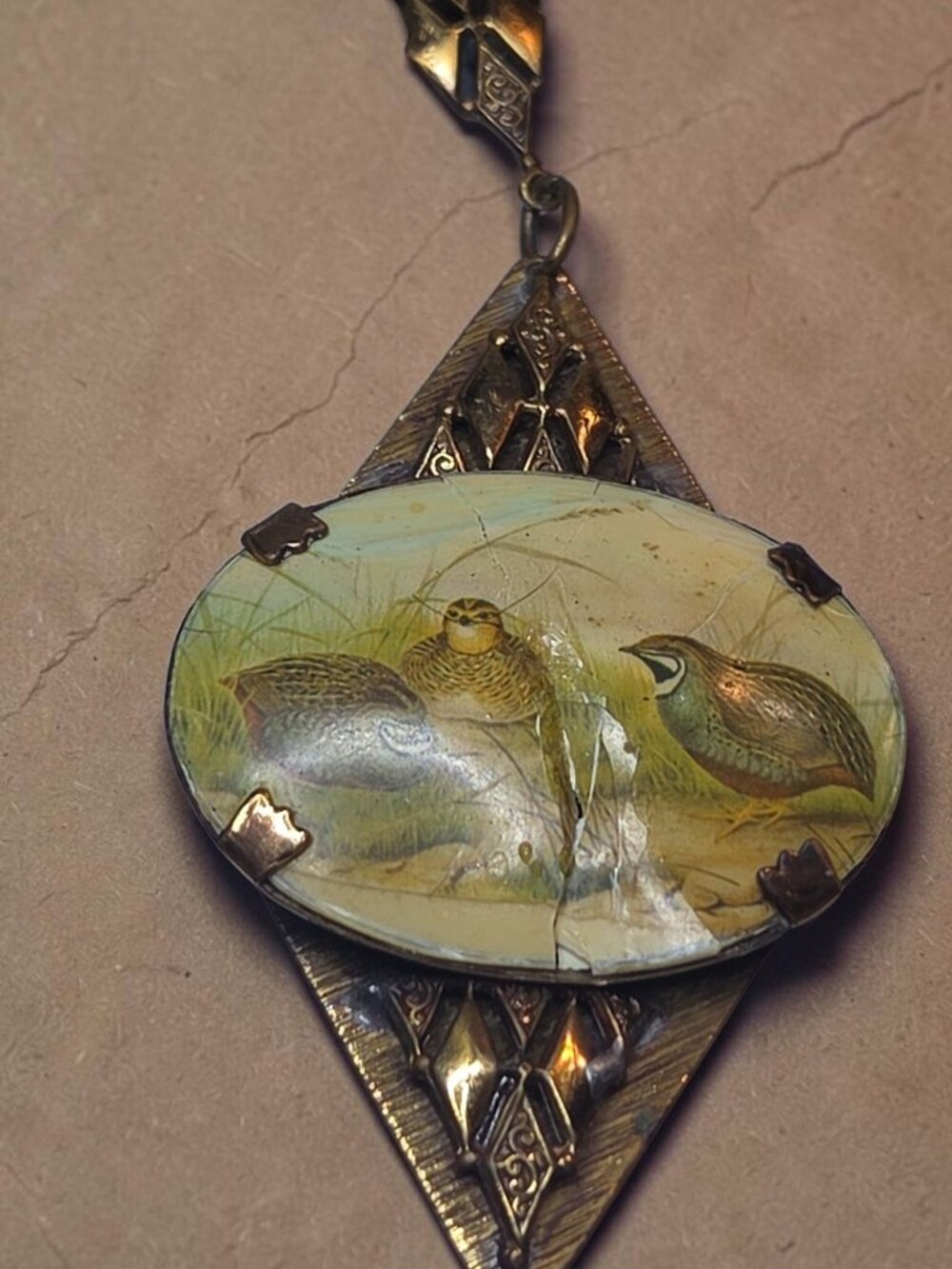Antique Victorian Celluloid Quail Bird Pendant Necklace Brass Filigree 22" AS IS - Picture 4 of 15
